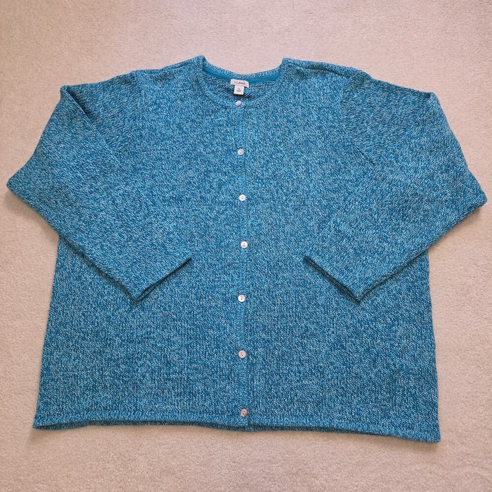 NWOT L.L. Bean Women's 3X Cotton Cardigan Tight-Knit Sweater Blue Teal Heather